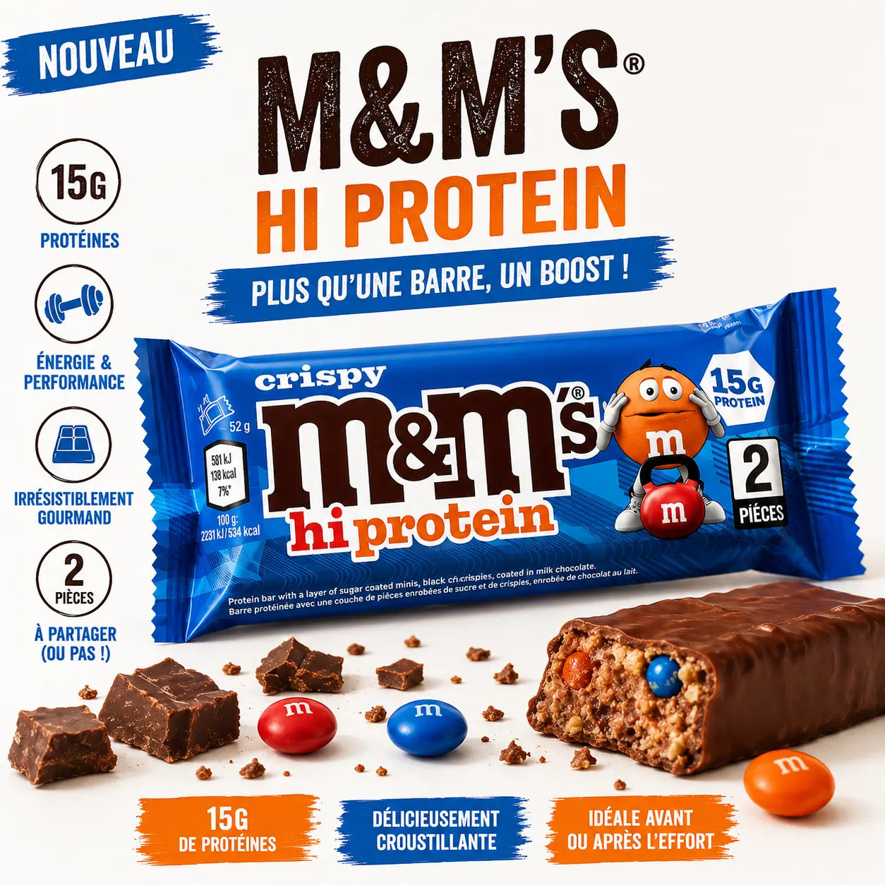 Barre protéinée M&M's Hi Protein Crispy chocolat 52 g avec 15 g de protéines, enrobée de chocolat au lait et garnie de mini M&M's, idéale pour une collation sportive ou gourmande.