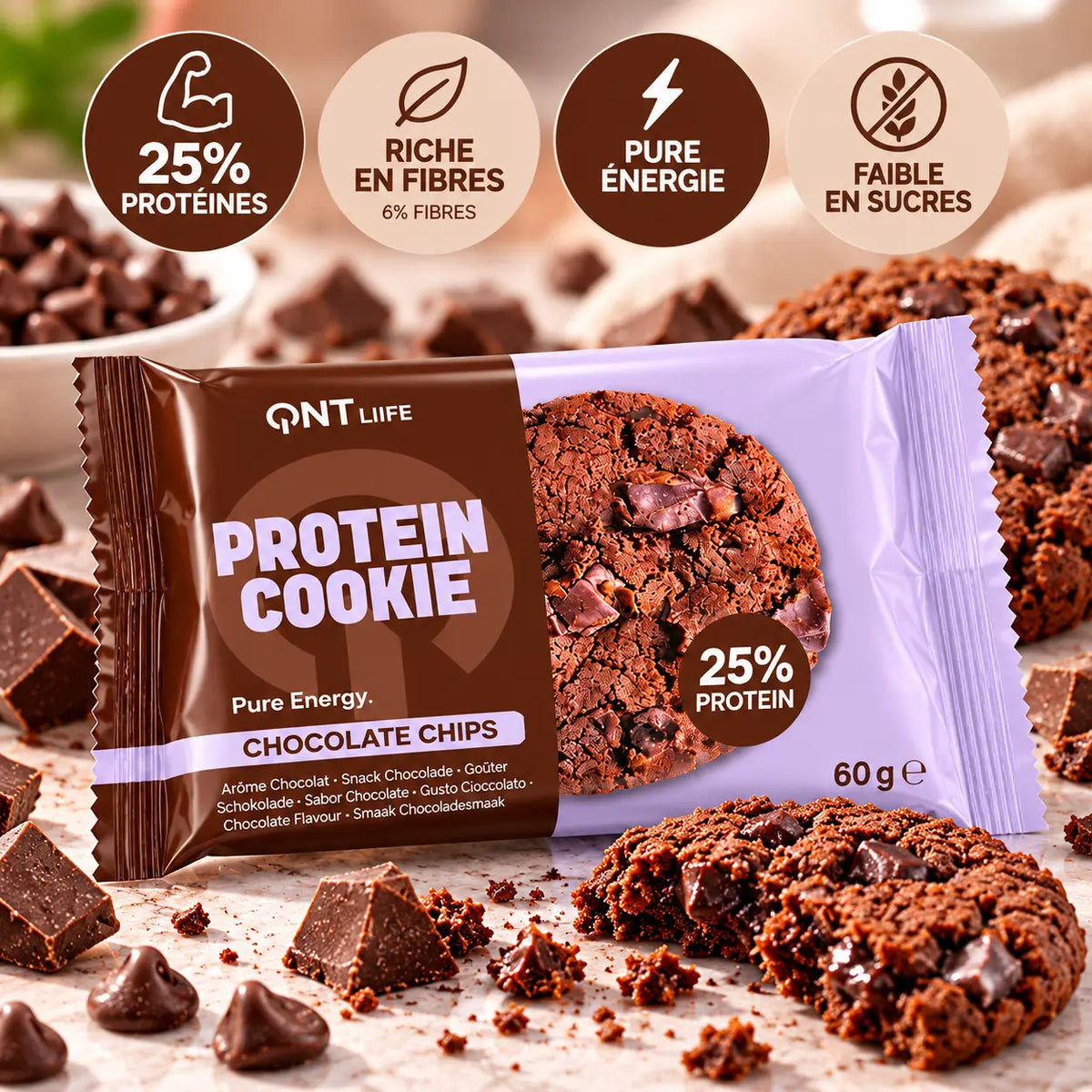 QNT Protein Cookie Chocolate Chips 60 g – Cookie protéiné individuel aux pépites de chocolat, avec 15 g de protéines et 3,6 g de fibres