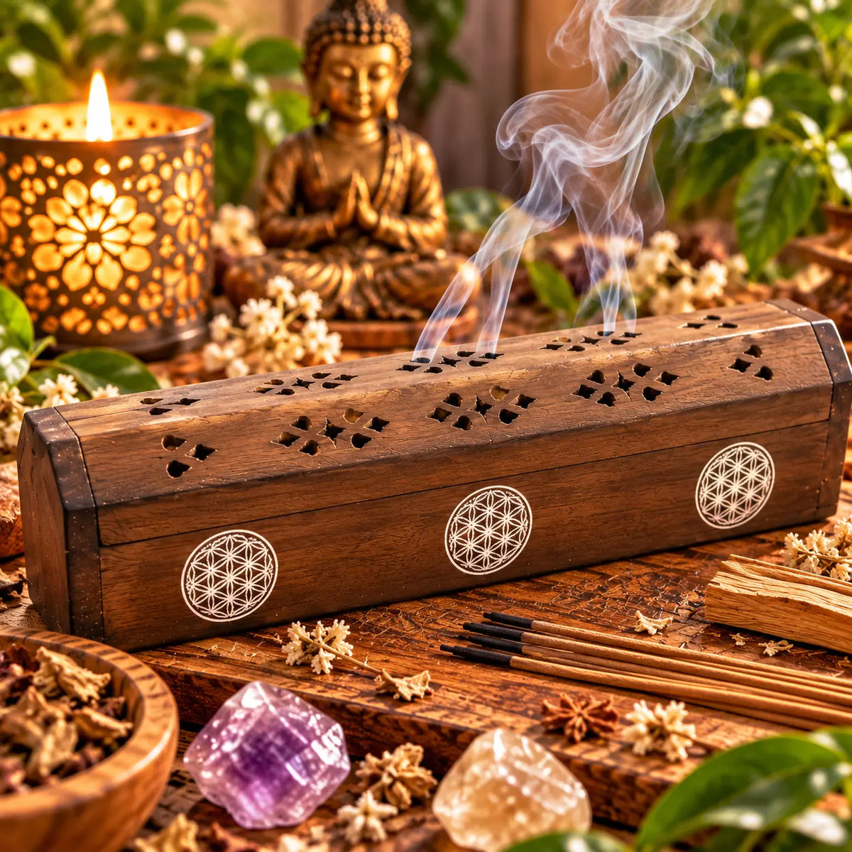 Porte-encens coffret en bois Fleur de Vie Esogifts de 30 cm pour bâtonnets et cônes d'encens