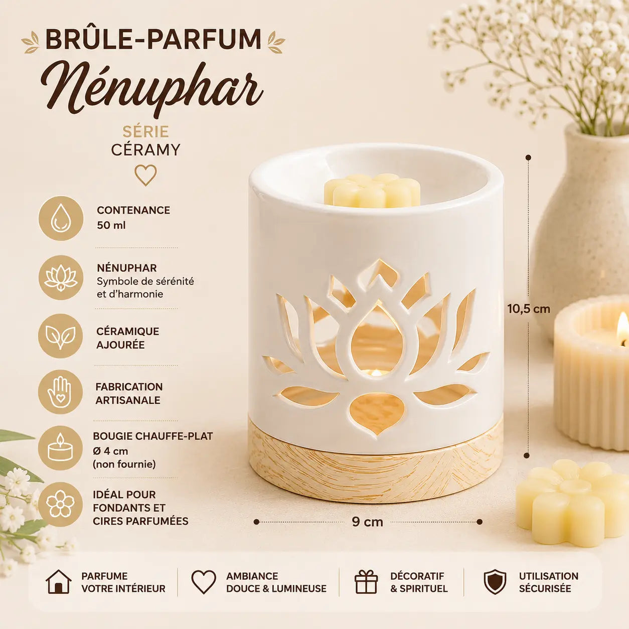 Brûle-parfum Nénuphar Série Céramy en céramique blanche ajourée avec base effet bois