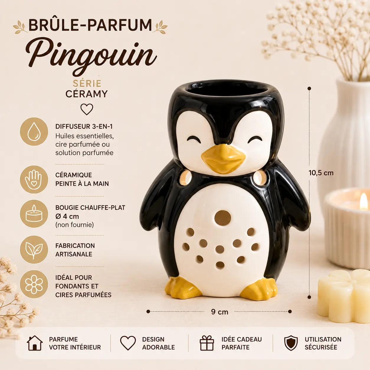 Brûle-parfum Pingouin Série Céramy en céramique noire et blanche peinte à la main