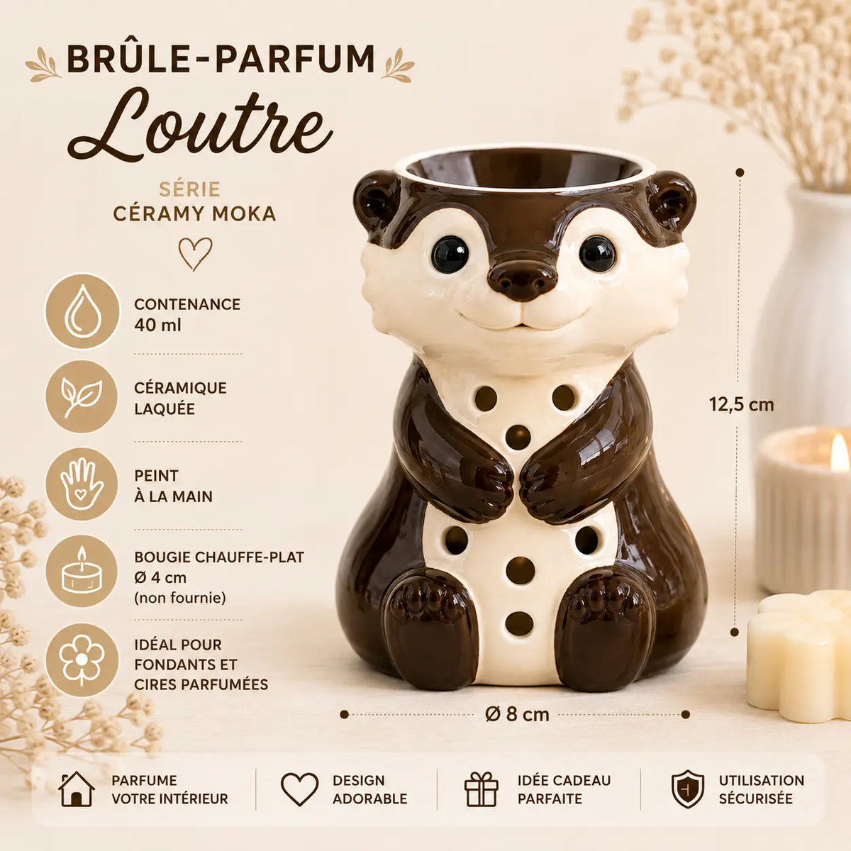 Brûle-parfum loutre Céramy Moka en céramique marron et crème pour fondants parfumés