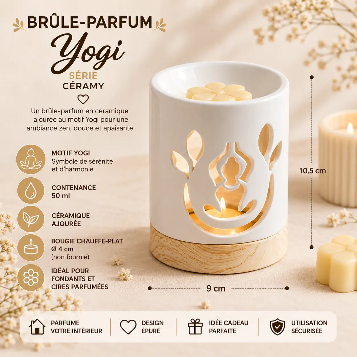 Brûle-parfum Yogi Série Céramy en céramique ajourée avec motif yoga, support de bougie chauffe-plat amovible, pour fondants parfumés