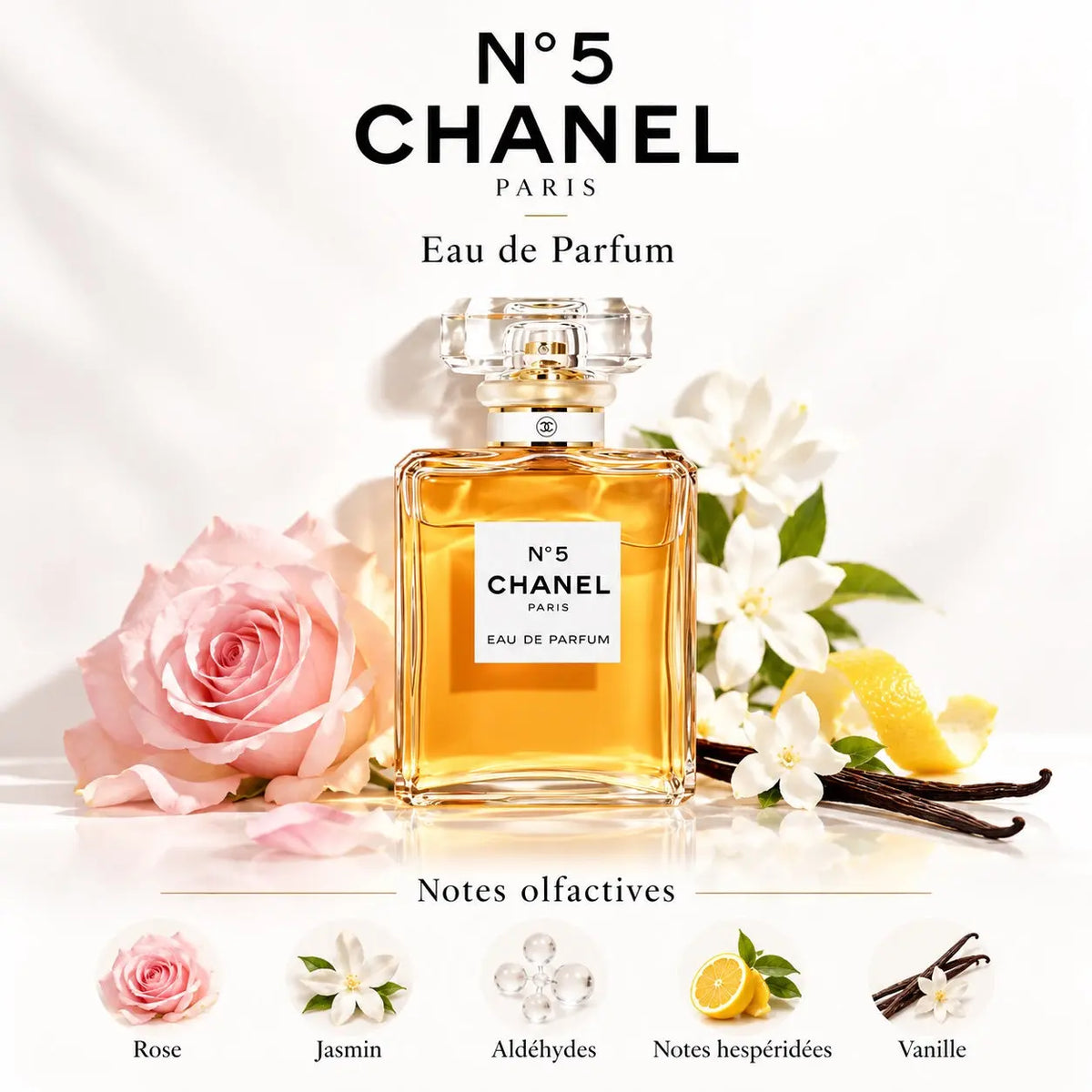 CHANEL N°5 Eau de Parfum Femme 100 ml, flacon rectangulaire emblématique, parfum floral aux notes de rose, jasmin et vanille Copier le texte ALT