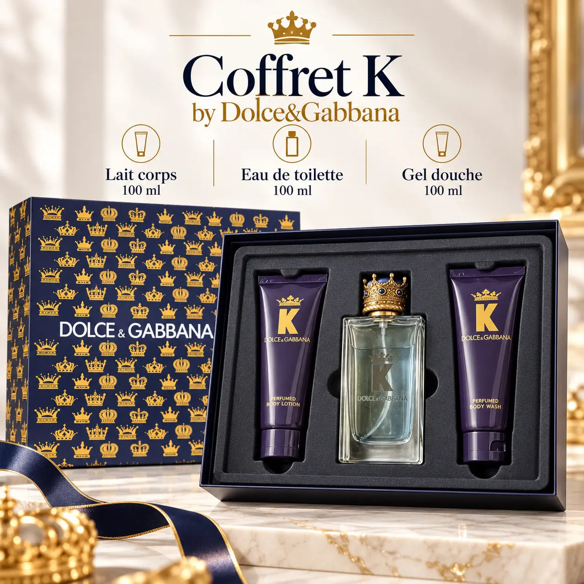 Coffret Dolce & Gabbana K Homme avec Eau de Toilette 100 ml, gel douche parfumé 100 ml et lait corps 100 ml, fragrance boisée et aromatique.