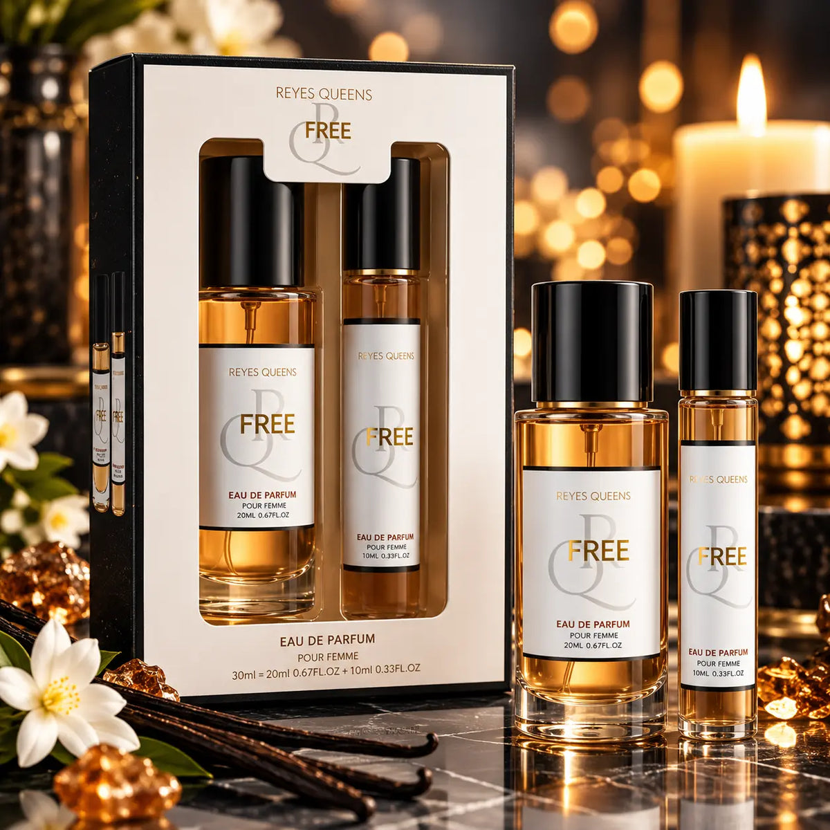 Coffret parfum femme FREE Reyes Queens avec deux flacons de 37 ml et 20 ml