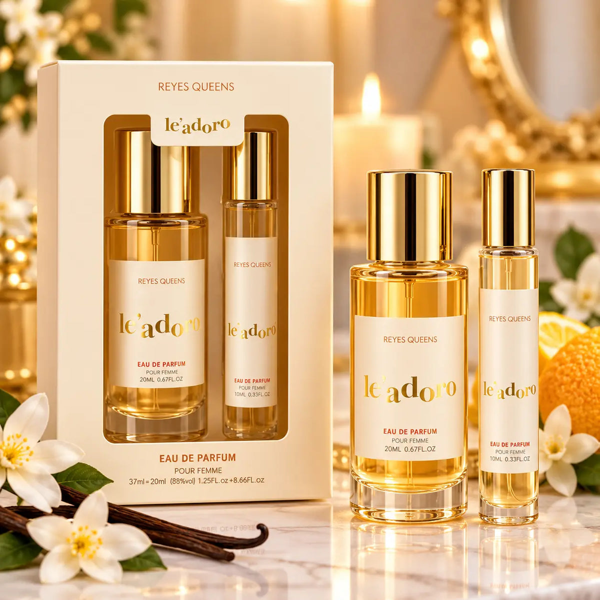 Coffret LE’ADORO Reyes Queens femme avec 2 eaux de parfum 37 ml et 20 ml, fragrance féminine d'inspiration florale