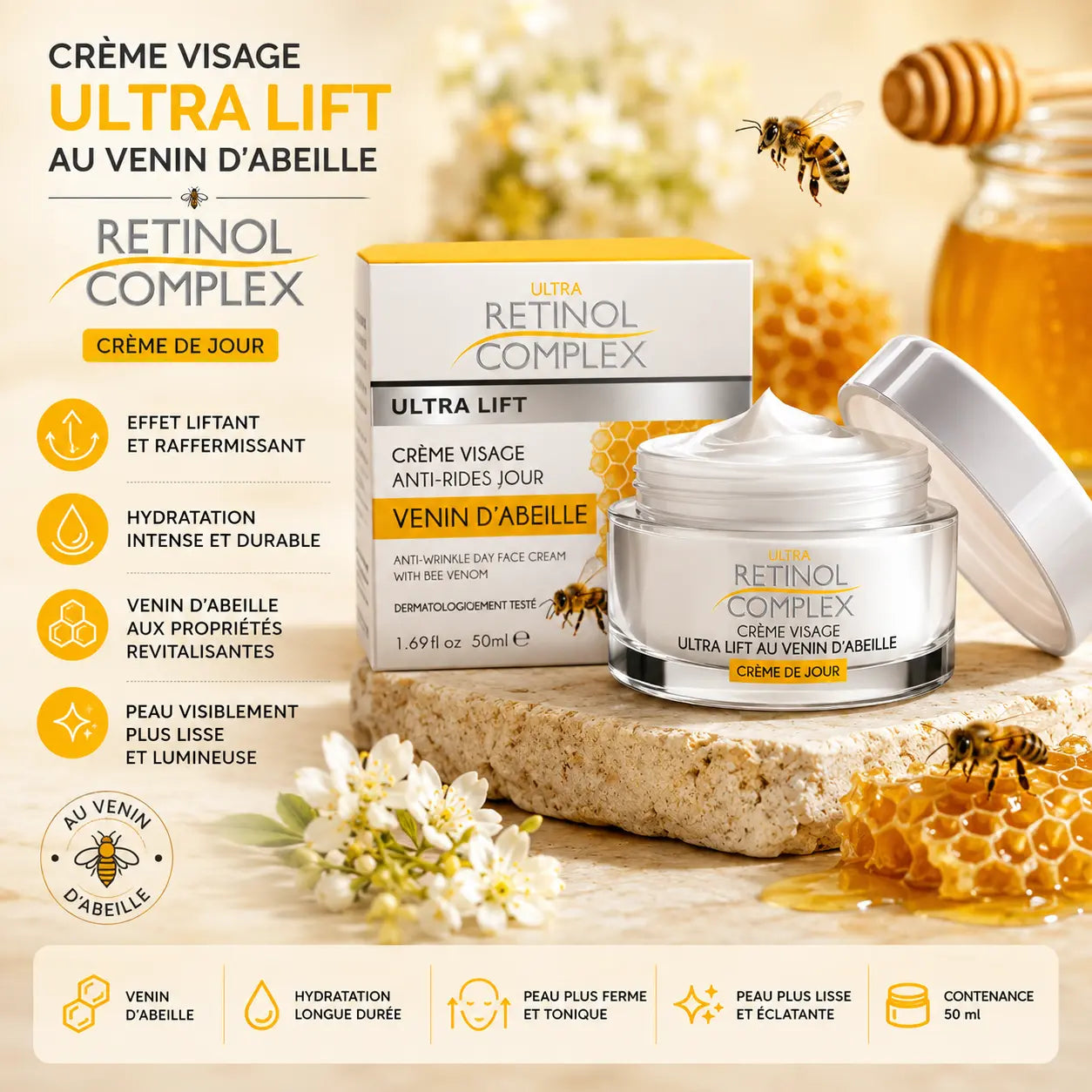 Crème visage Ultra Lift au venin d’abeille Retinol Complex soin anti-âge 50 ml