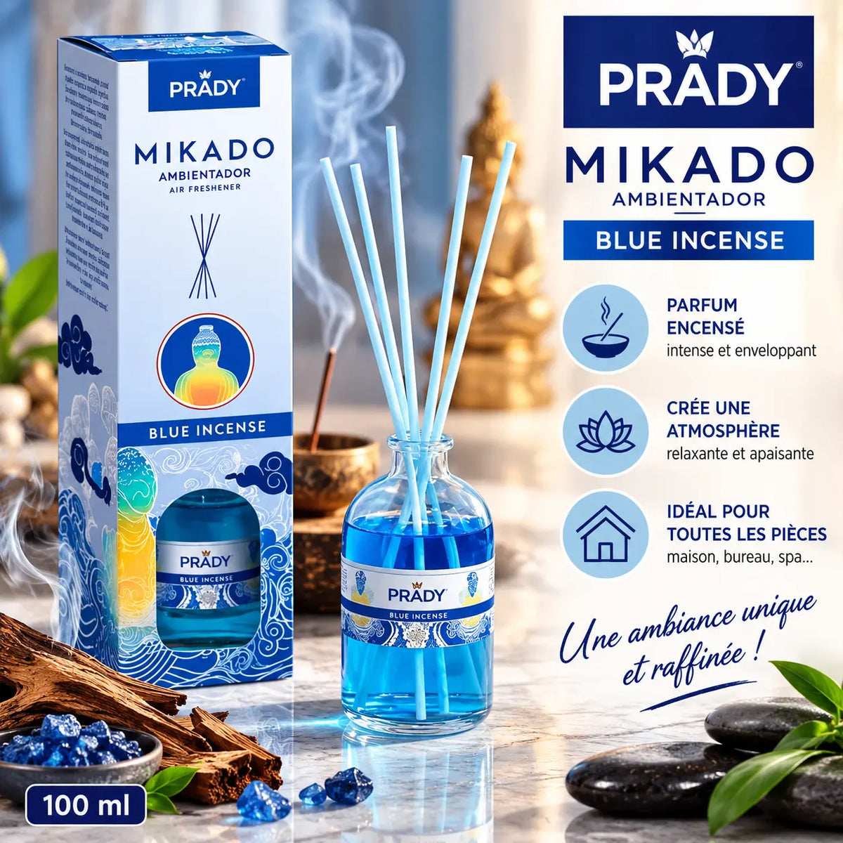 Mikado Prady Encens Bleu 100 ml – Diffuseur de parfum d'intérieur à bâtonnets, senteur inspirée de l'encens, pour une ambiance chaleureuse.