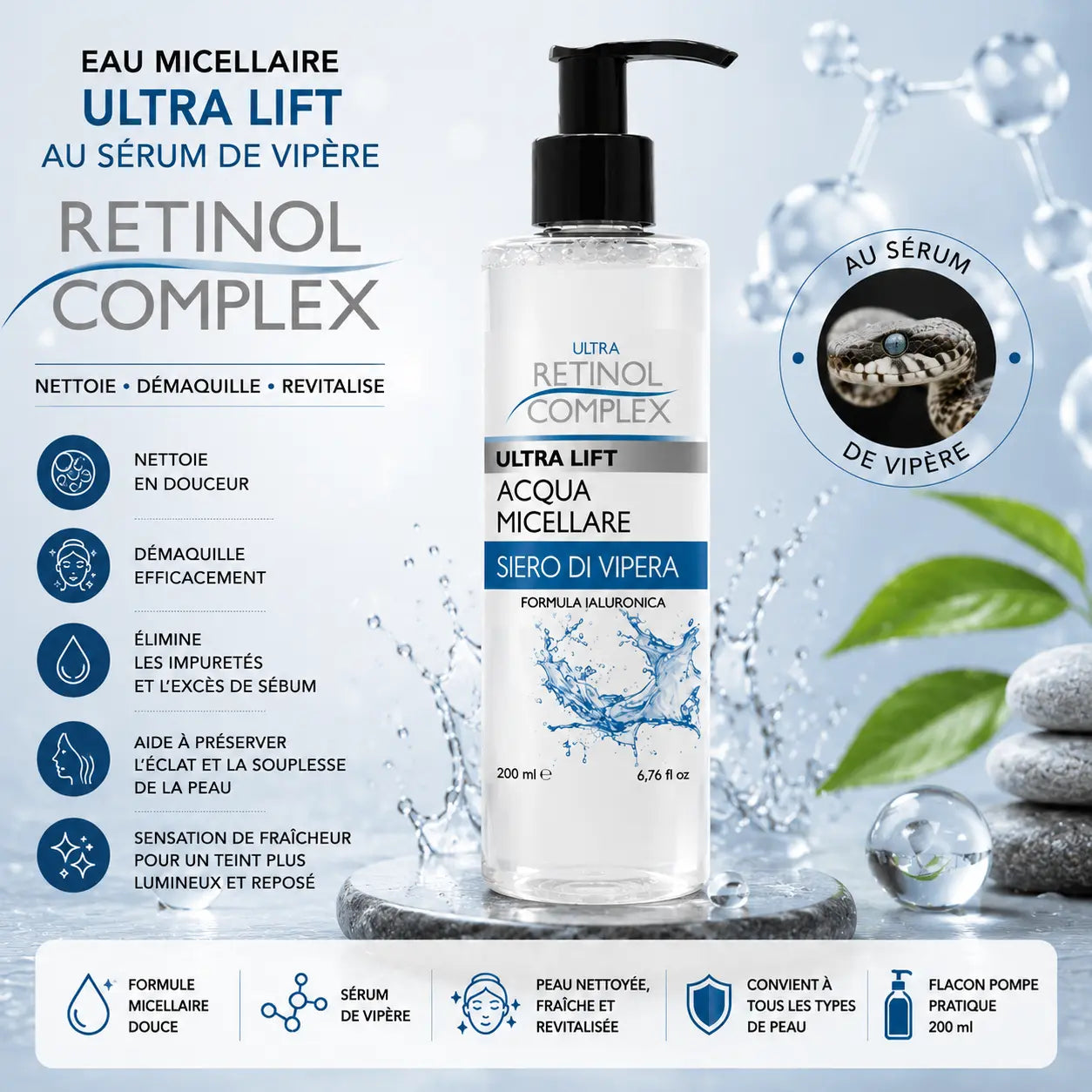 Eau Micellaire Ultra Lift au Sérum de Vipère Retinol Complex flacon pompe 200 ml
