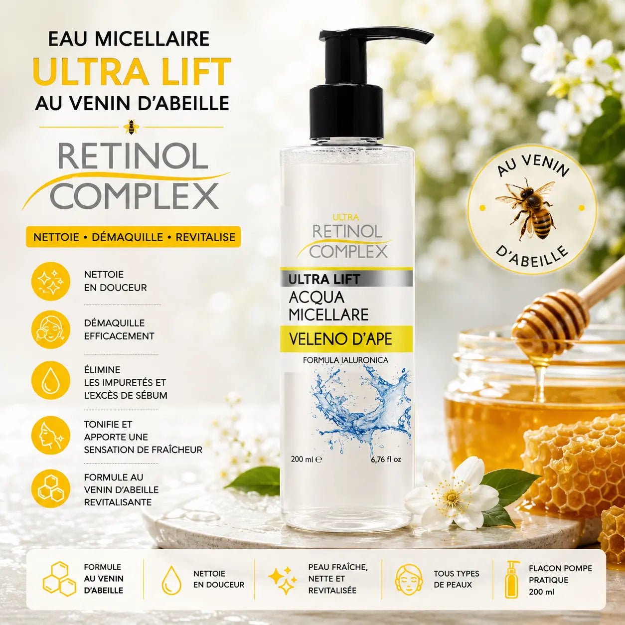 Eau Micellaire Ultra Lift au venin d’abeille Retinol Complex 200 ml nettoyant visage