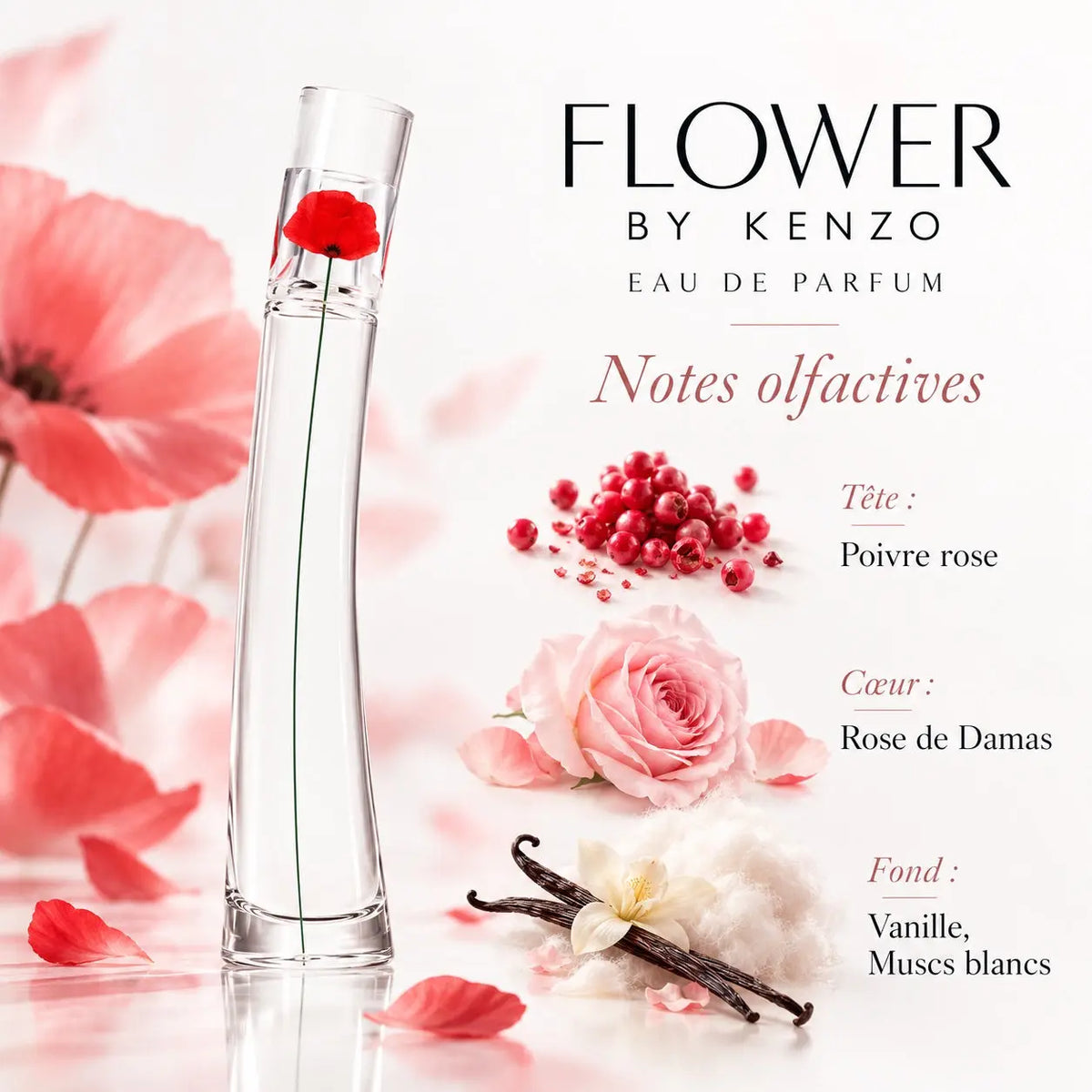 Flower by Kenzo Eau de Parfum Femme 50 ml, flacon transparent au coquelicot rouge, notes de poivre rose, rose de Damas, vanille et muscs blancs