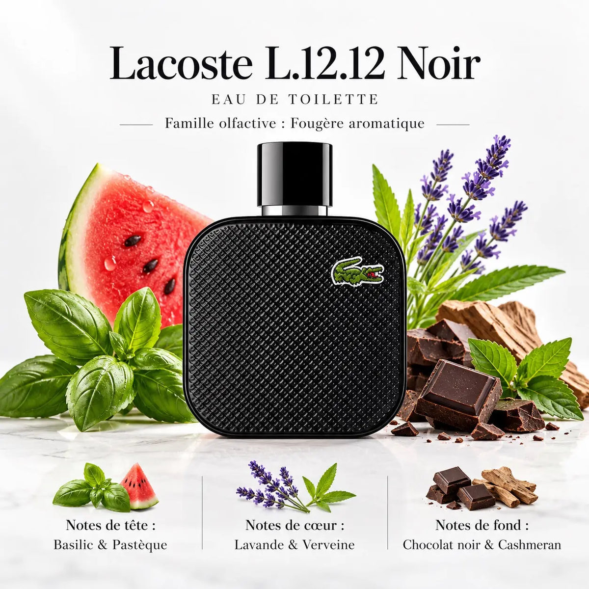 Lacoste L.12.12 Noir Eau de Toilette Homme 100 ml, flacon noir au crocodile vert, notes de basilic, pastèque, lavande, verveine et chocolat noir