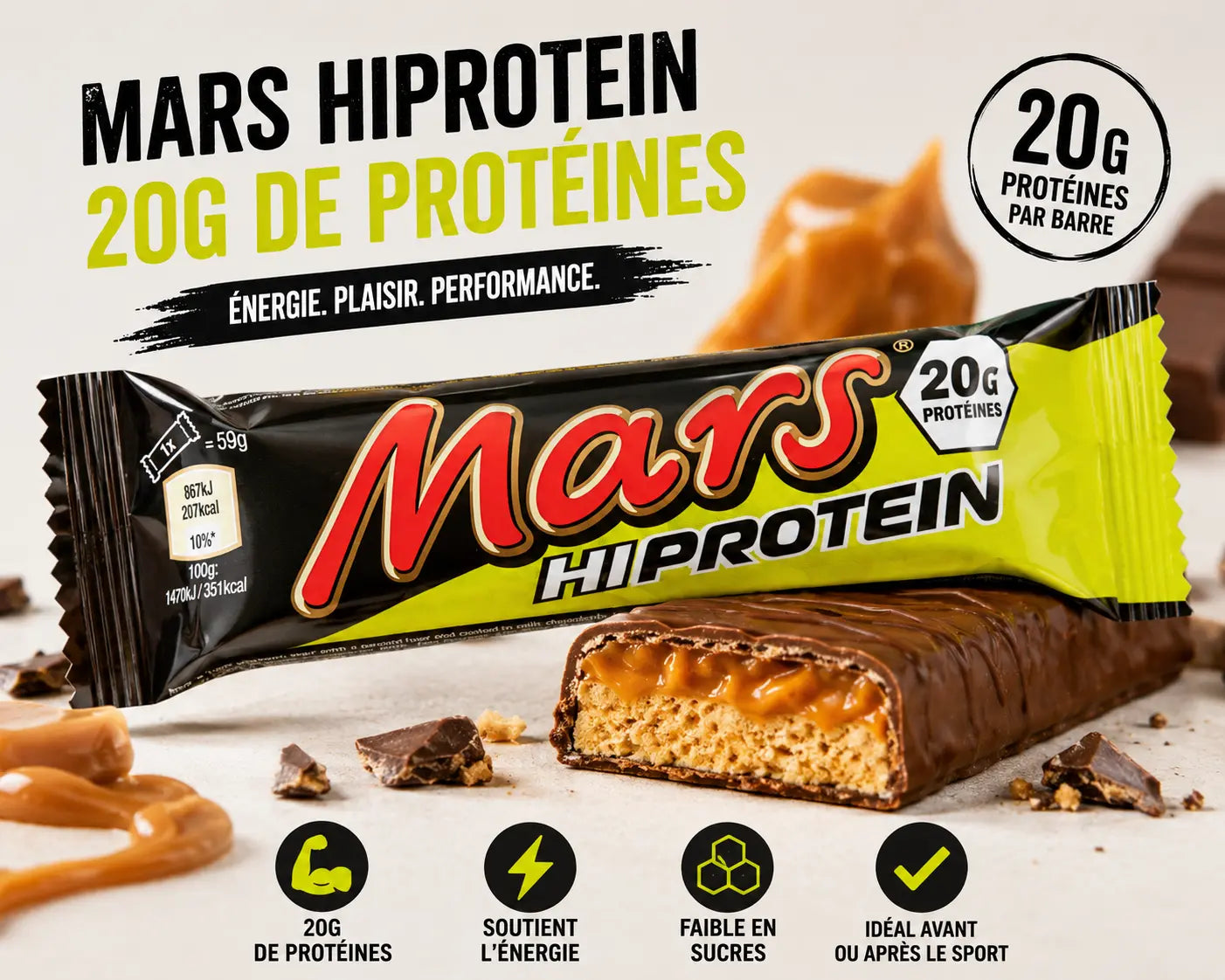Barre protéinée Mars HiProtein 59 g au chocolat et caramel avec 20 g de protéines, idéale comme collation sportive avant ou après l'entraînement.