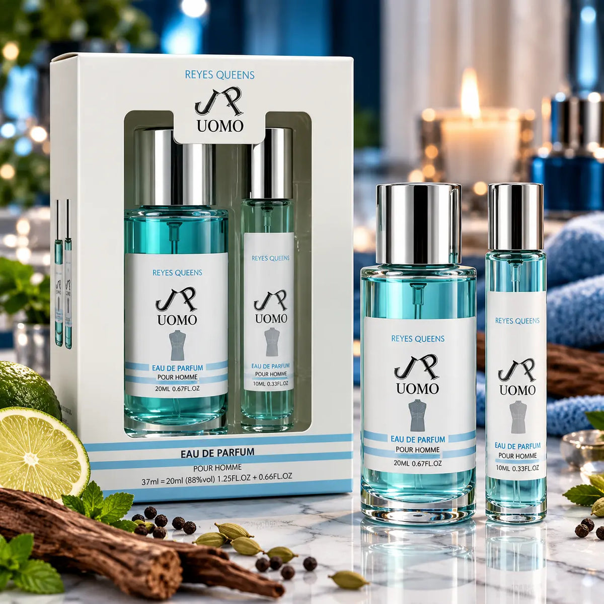 Coffret parfum homme JP UOMO Reyes Queens avec deux flacons de 37 ml et 20 ml, fragrance masculine d'inspiration aromatique et vanillée