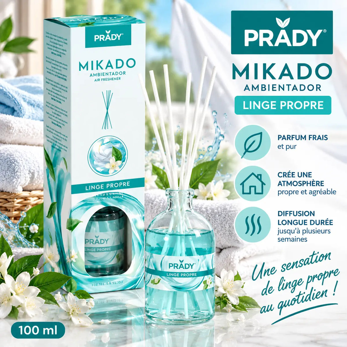Mikado Prady Linge Propre 100 ml – Diffuseur de parfum d'intérieur à bâtonnets, senteur fraîche de linge lavé et de lessive.
