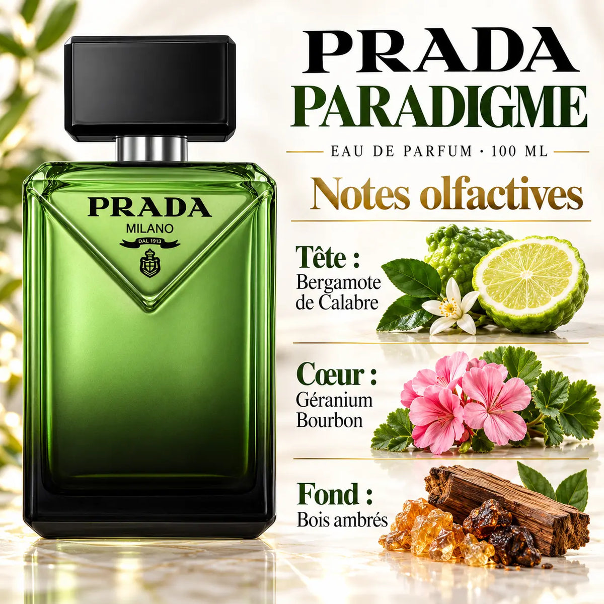 Prada Paradigme Eau de Parfum Homme 100 ml, flacon vert dégradé, notes de bergamote de Calabre, géranium Bourbon et bois ambrés.