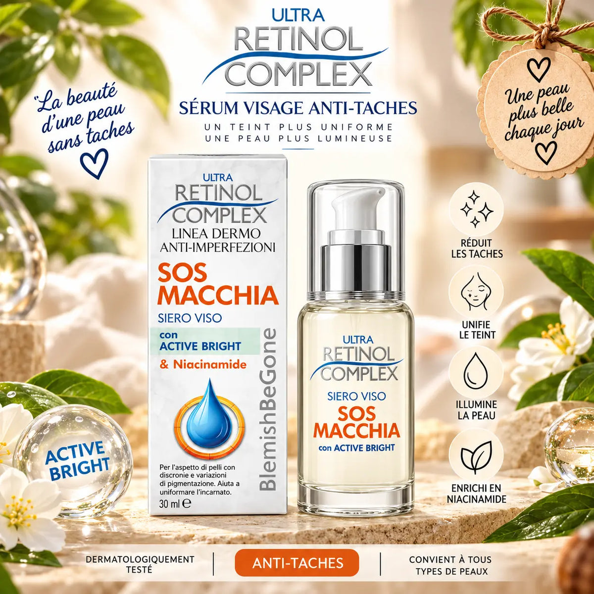 Sérum visage anti-taches SOS Macchia Retinol Complex 30 ml à la Niacinamide