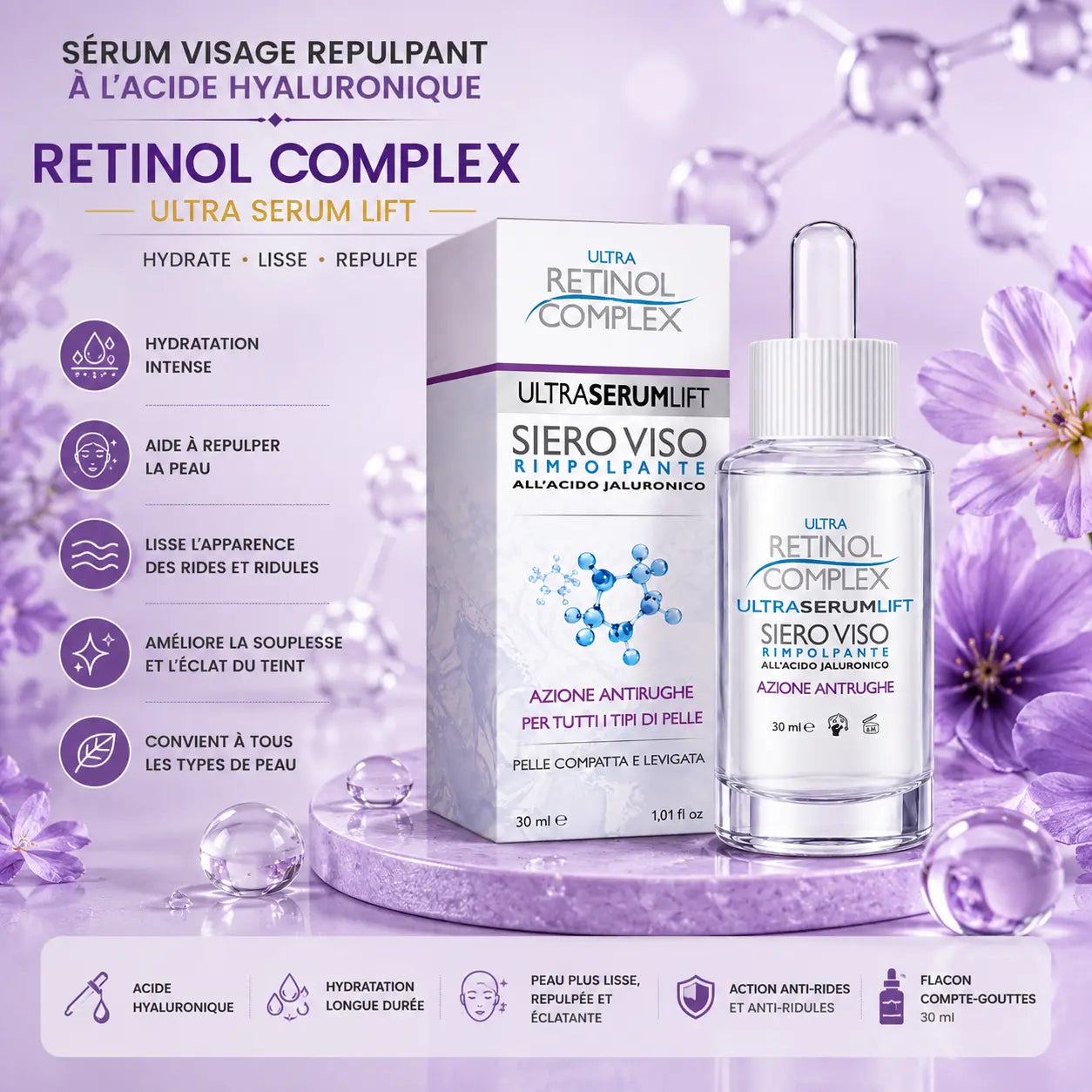 Sérum visage repulpant à l’acide hyaluronique Retinol Complex Ultra Serum Lift 30 ml