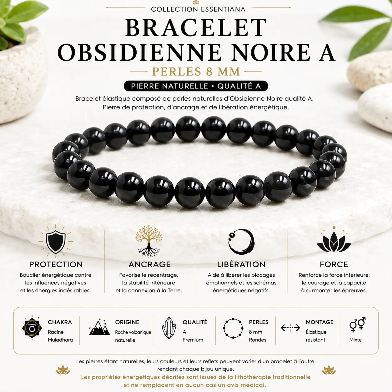 Bracelet Obsidienne Noire naturelle qualité A en perles rondes 8 mm