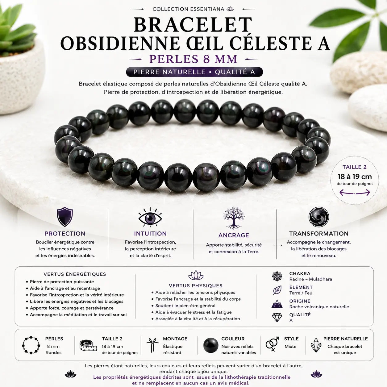 Bracelet Obsidienne Œil Céleste naturelle qualité A en perles rondes 8 mm
