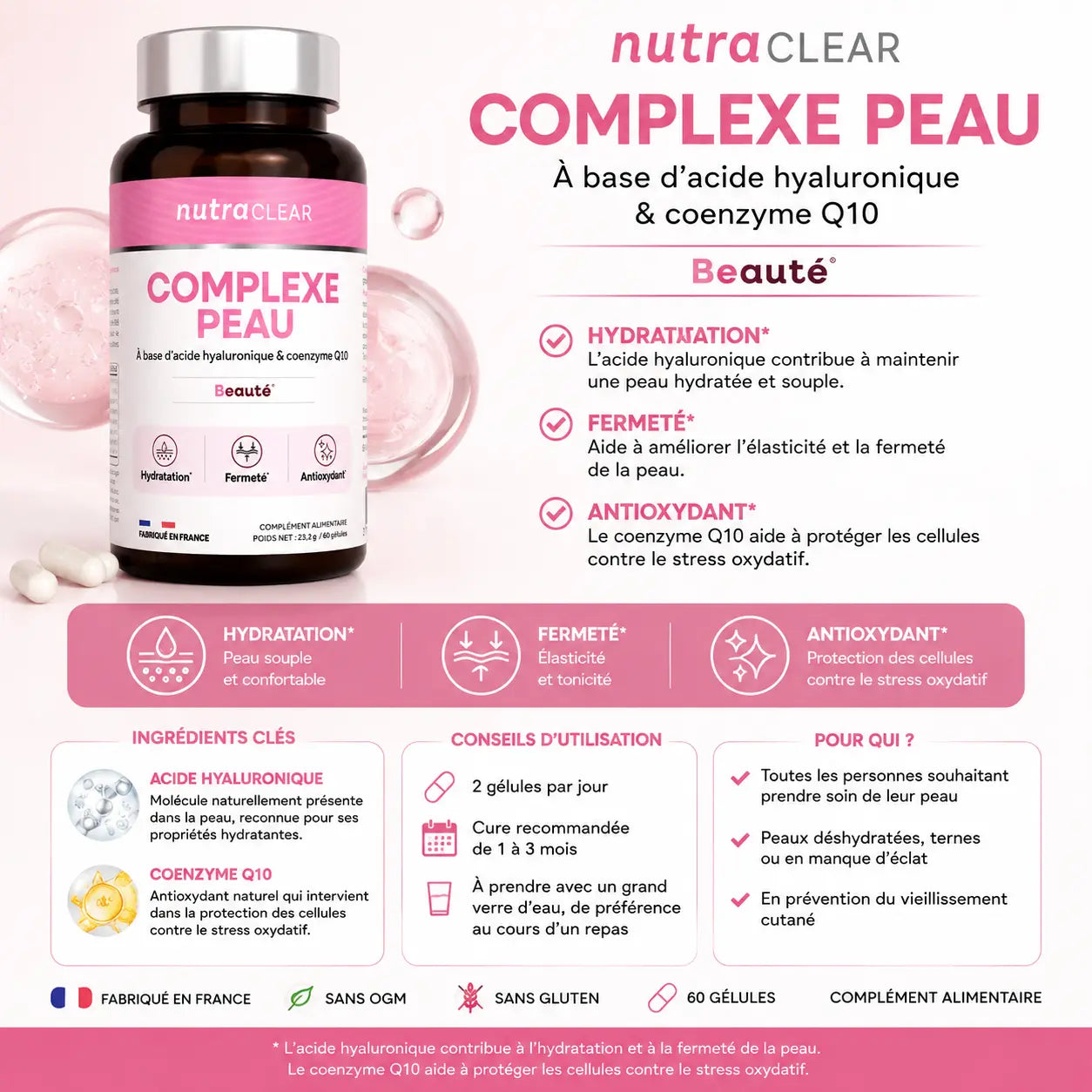 NutraClear Complexe Peau complément alimentaire à l’acide hyaluronique et coenzyme Q10 60 gélules