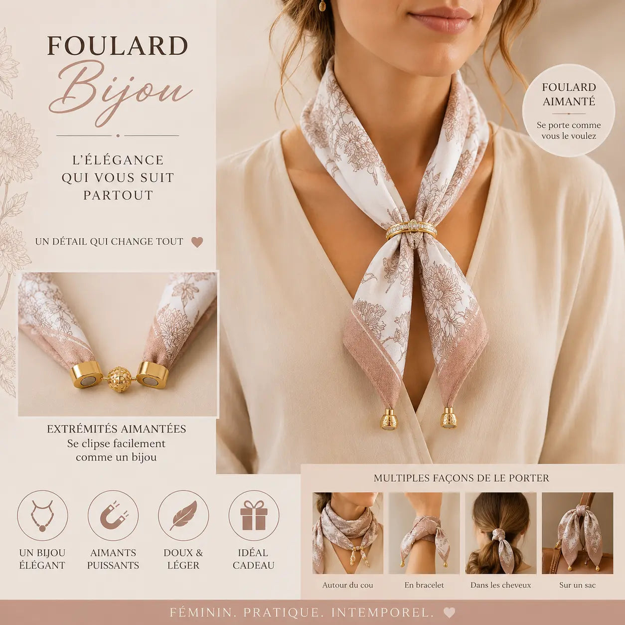Foulard bijou aimanté femme beige et rose avec motifs floraux, extrémités magnétiques dorées, accessoire de mode élégant et pratique à porter autour du cou ou en bracelet