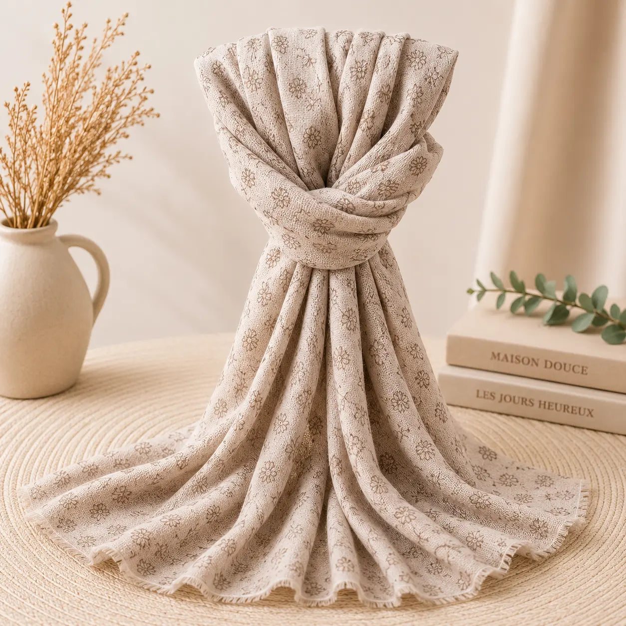 Foulard femme beige à petites fleurs en viscose légère 70x180 cm, accessoire de mode chic et bohème, doux et élégant pour toutes les saisons