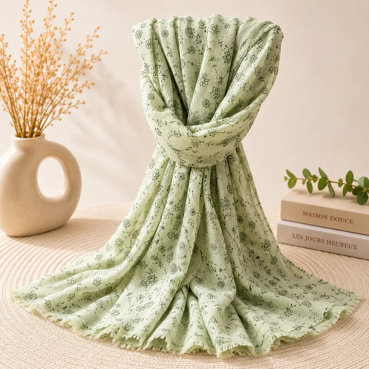 Foulard femme vert à petites fleurs en viscose légère 70x180 cm, accessoire de mode chic et bohème, élégant et fluide pour toutes les saisons