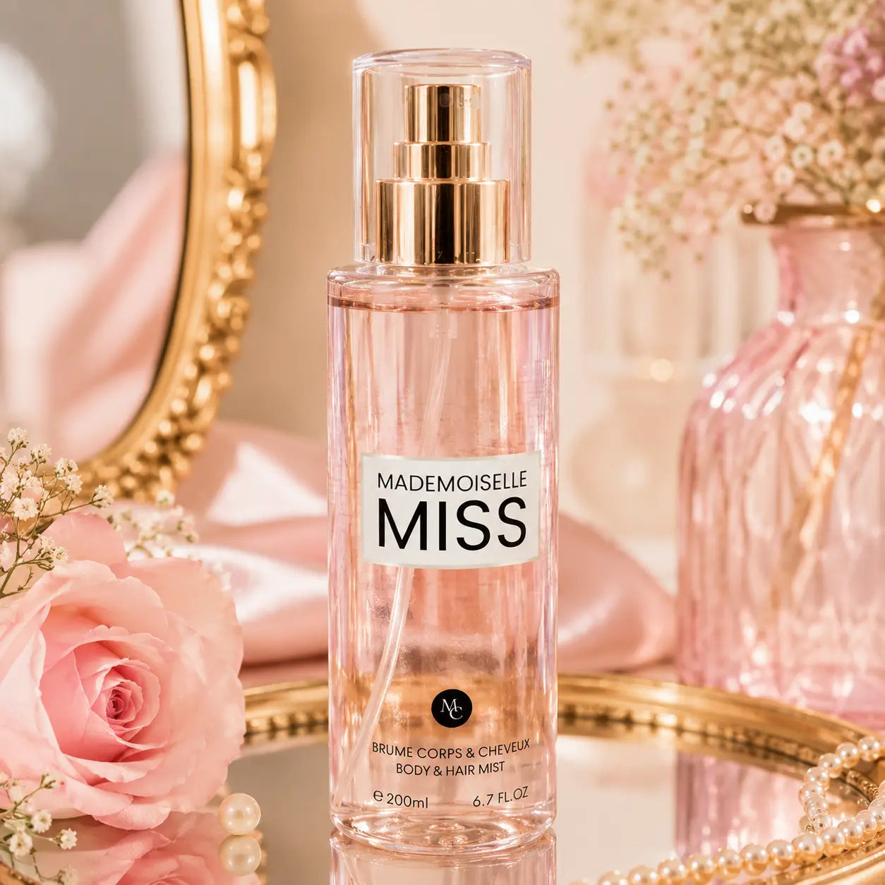 Brume parfumée Mademoiselle Miss 200ml corps et cheveux avec design élégant rose et ambiance florale féminine.
