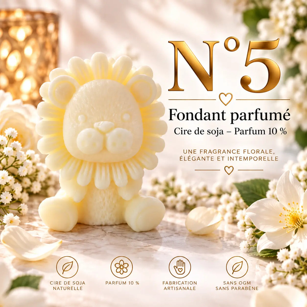 vFondant parfumé N°5 en cire de soja – senteur florale et poudrée aux notes de jasmin, rose, santal, vanille et ambre – La Casa del José