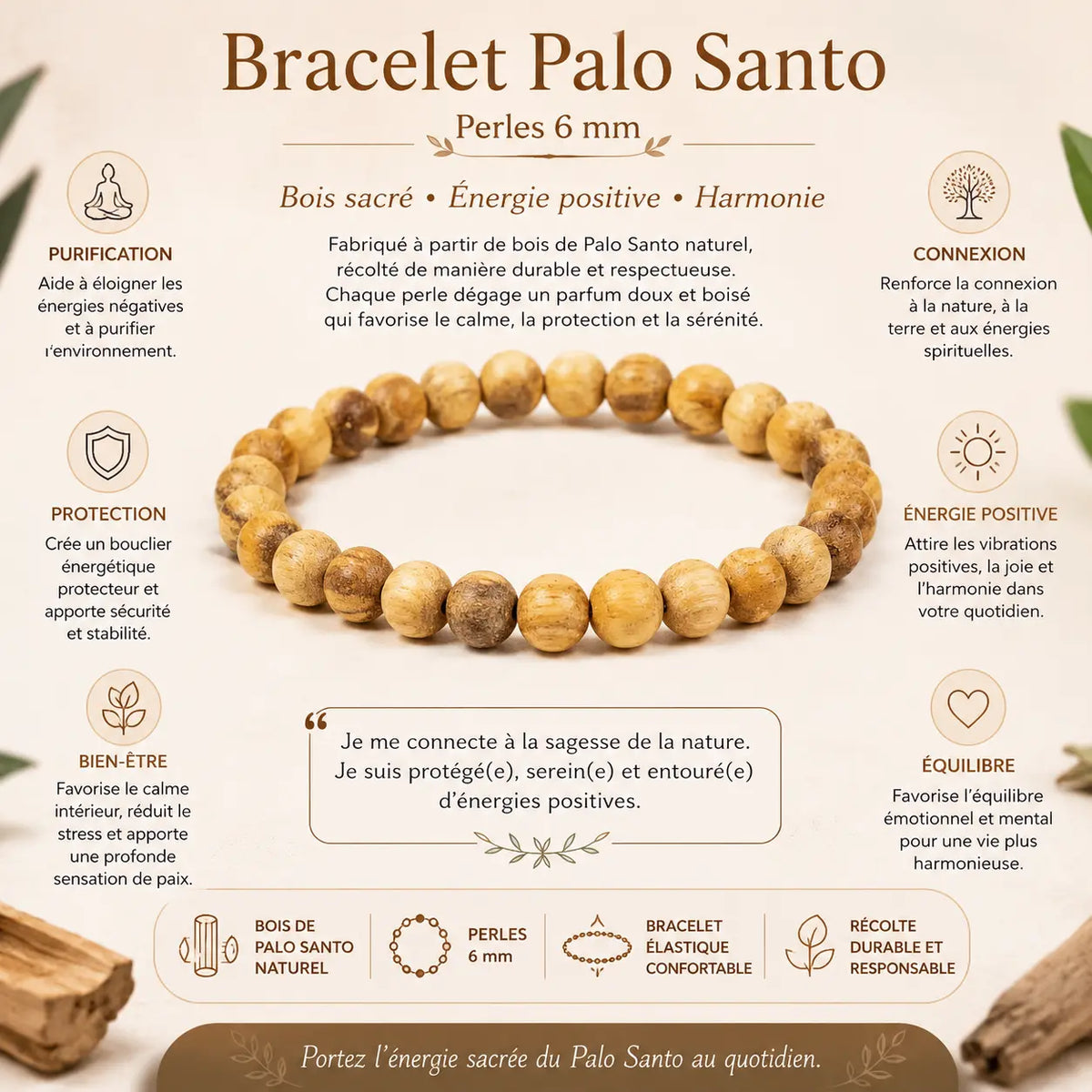 Bracelet Palo Santo naturel élastique en perles rondes de bois 6 ou 8 mm