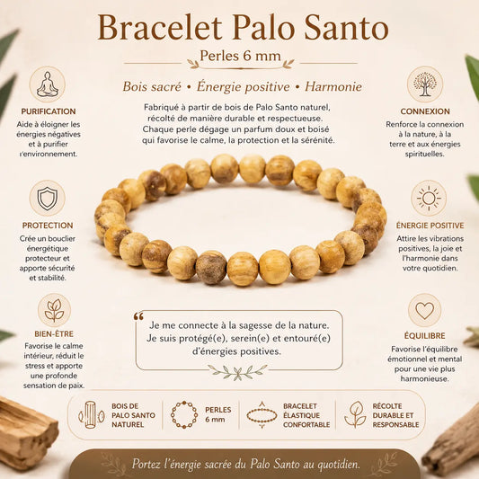 Bracelet Palo Santo naturel élastique en perles rondes de bois 6 ou 8 mm