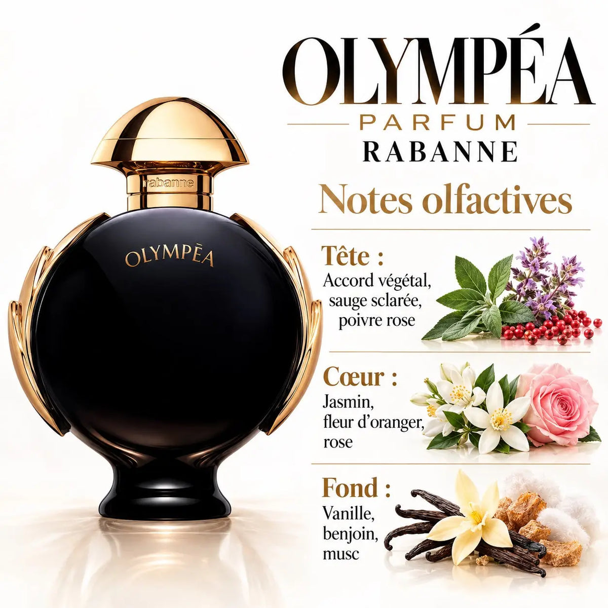 Rabanne Olympéa Parfum Femme 80 ml, flacon noir et doré, notes de sauge sclarée, poivre rose, jasmin, fleur d'oranger, vanille et benjoin.