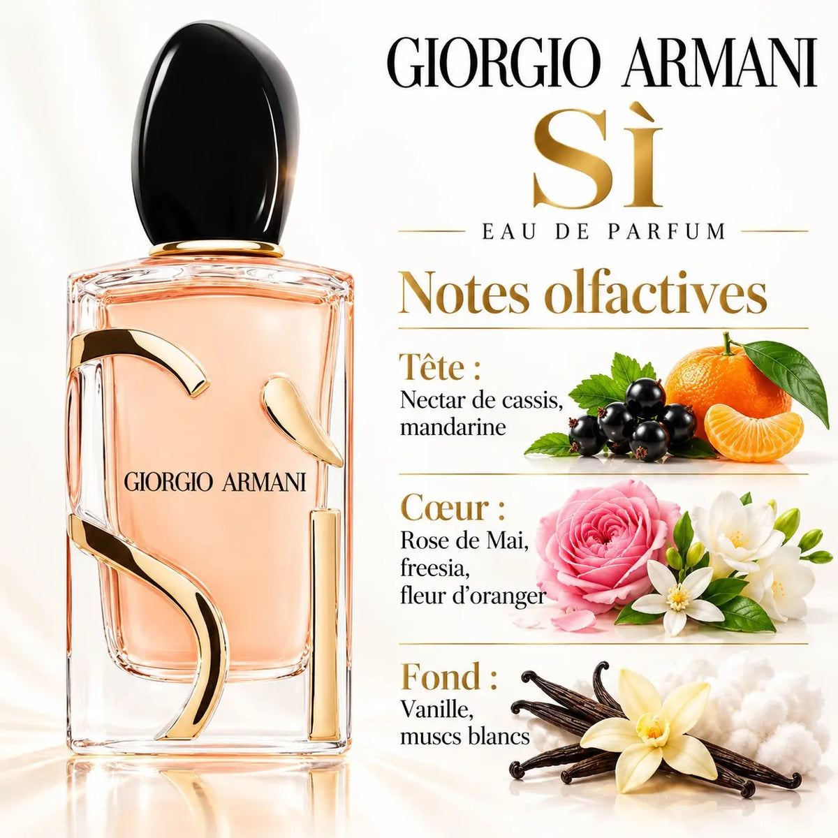 Giorgio Armani Sì Eau de Parfum Femme 100 ml, flacon transparent avec bouchon noir, notes de cassis, mandarine, rose de Mai, vanille et muscs blancs