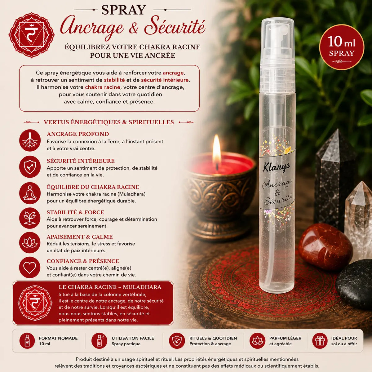 Spray Ancrage et Sécurité 10 ml avec symbole rouge du chakra racine Muladhara