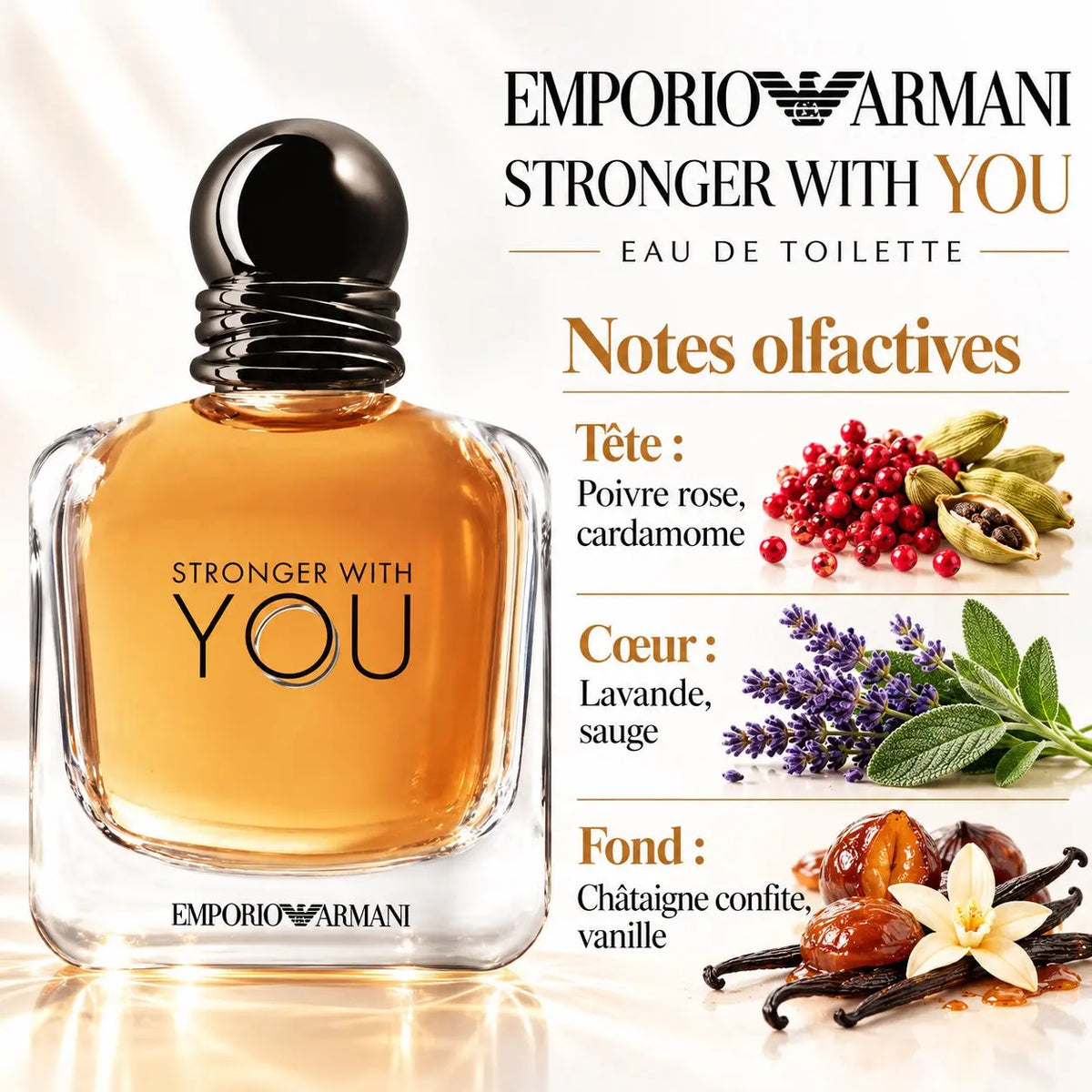 Emporio Armani Stronger With You Eau de Toilette Homme 100 ml, flacon ambré, notes de poivre rose, cardamome, lavande, sauge, châtaigne et vanille