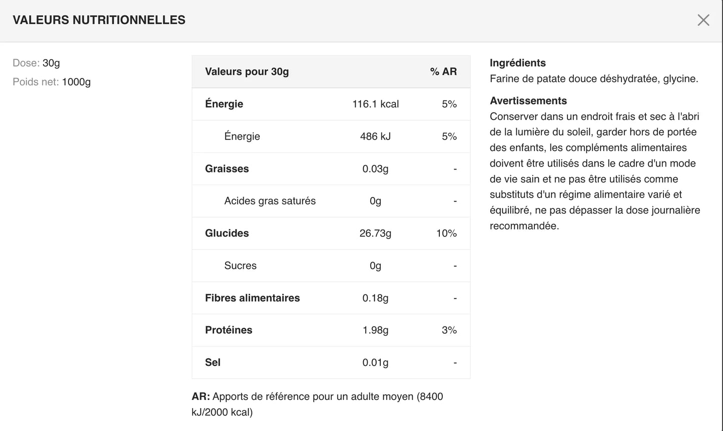 Farine de patate douce YAM Nutrition 1 kg pour pancakes, gaufres et recettes sucrées ou salées.