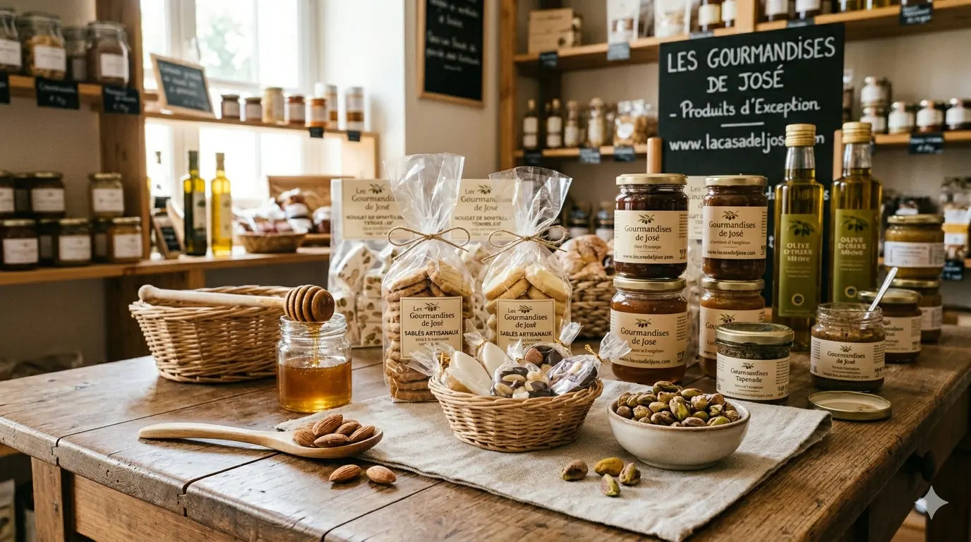 Une sélection de produits d'épicerie fine "Les gourmandises de José" présentée sur une table en bois rustique : sachets de sablés artisanaux, bocaux de confitures ou tapenades, miel avec sa cuillère en bois, amandes et pistaches.