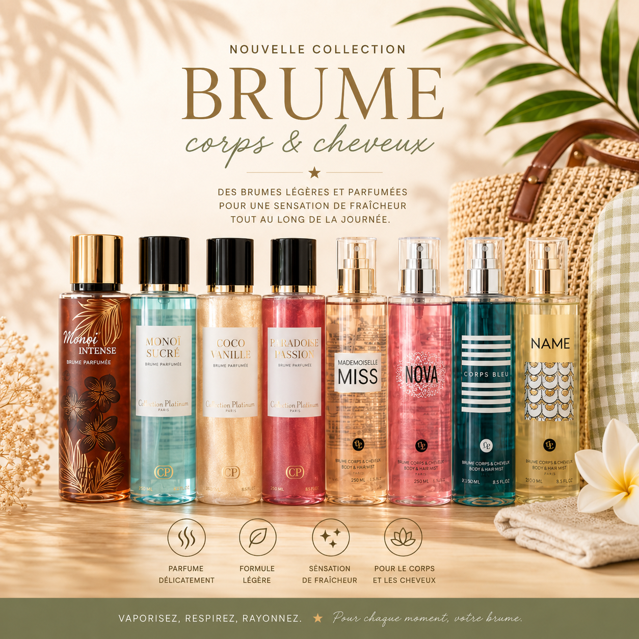 Collection de brumes parfumées corps et cheveux aux senteurs fraîches et gourmandes présentées sur une étagère dans une ambiance bohème chic.