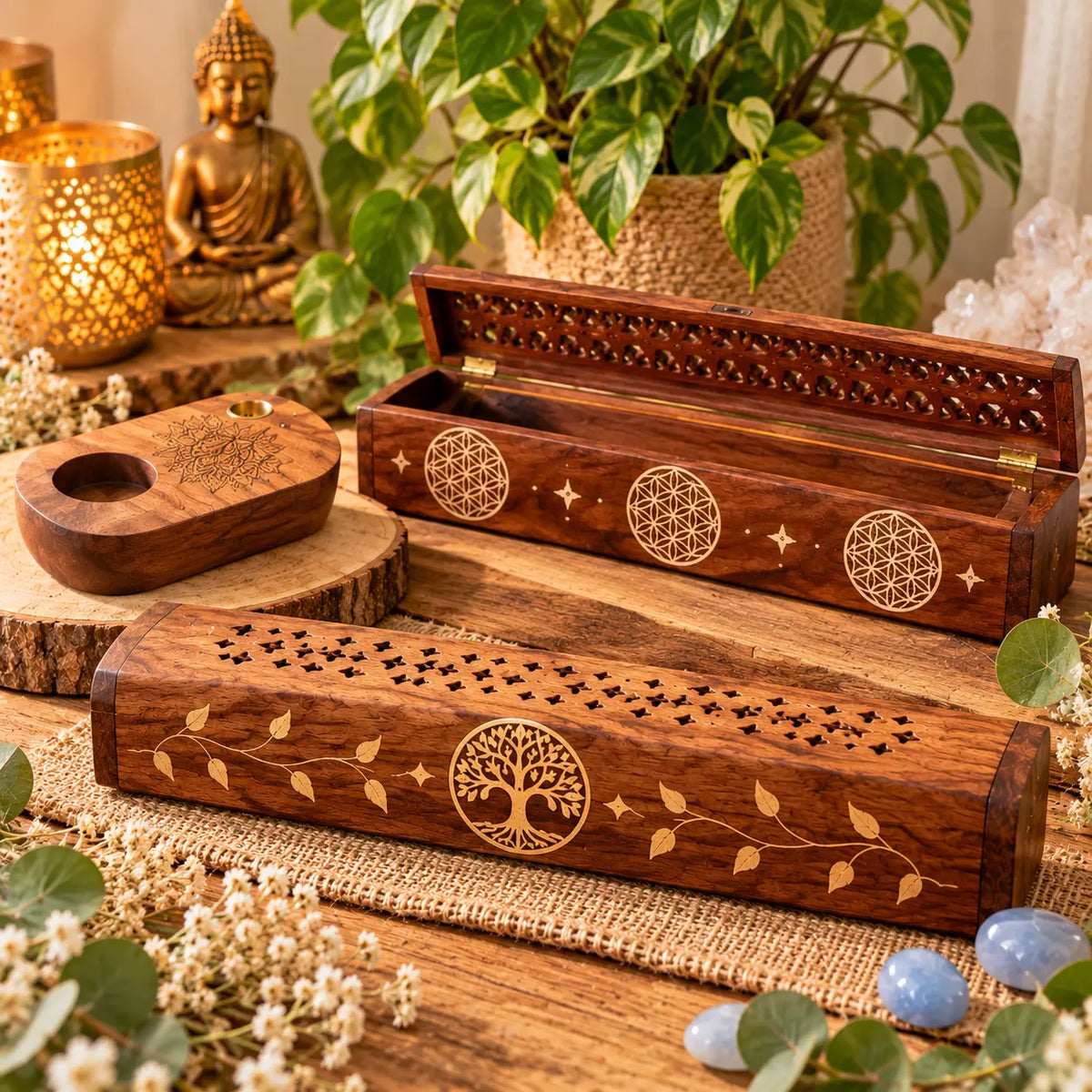 Porte-encens et brûle-encens décoratifs en bois, motifs Arbre de Vie, Fleur de Vie et Ailes d'Ange.