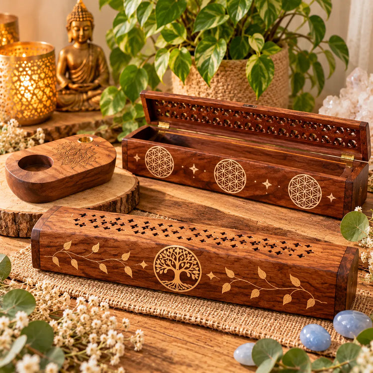 Porte-encens et brûle-encens décoratifs en bois, motifs Arbre de Vie, Fleur de Vie et Ailes d'Ange.