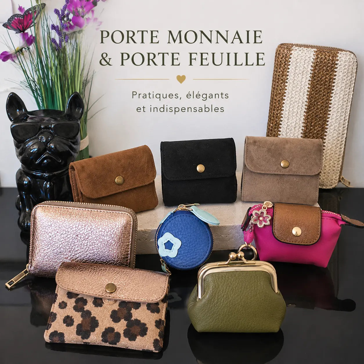 Collection de porte-monnaie et portefeuilles tendance pour femme, en cuir suédine et tissu, avec modèles unis, léopard et colorés, présentés dans une ambiance élégante et moderne.