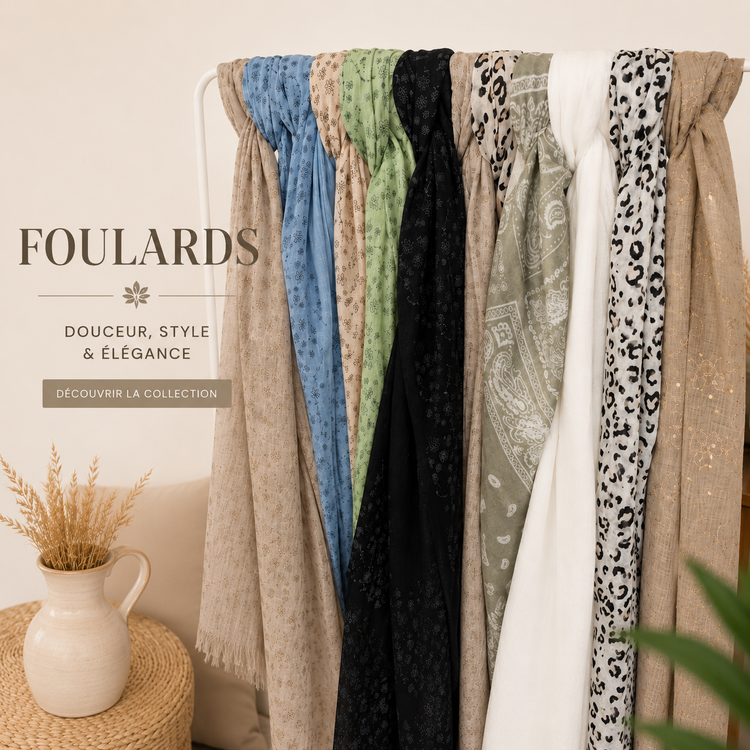 Collection de foulards femme élégants et tendance aux couleurs douces et motifs variés, présentés sur un portant dans une ambiance chic et bohème, accessoires de mode féminins pour toutes les saisons.