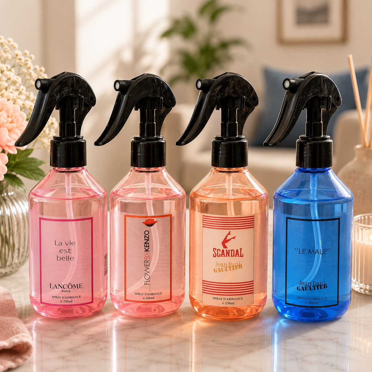 Sprays d’ambiance parfumés 250 ml aux senteurs florales et orientales présentés en flacons élégants colorés bleu et rose, ambiance cocooning et raffinée pour parfumer durablement la maison.