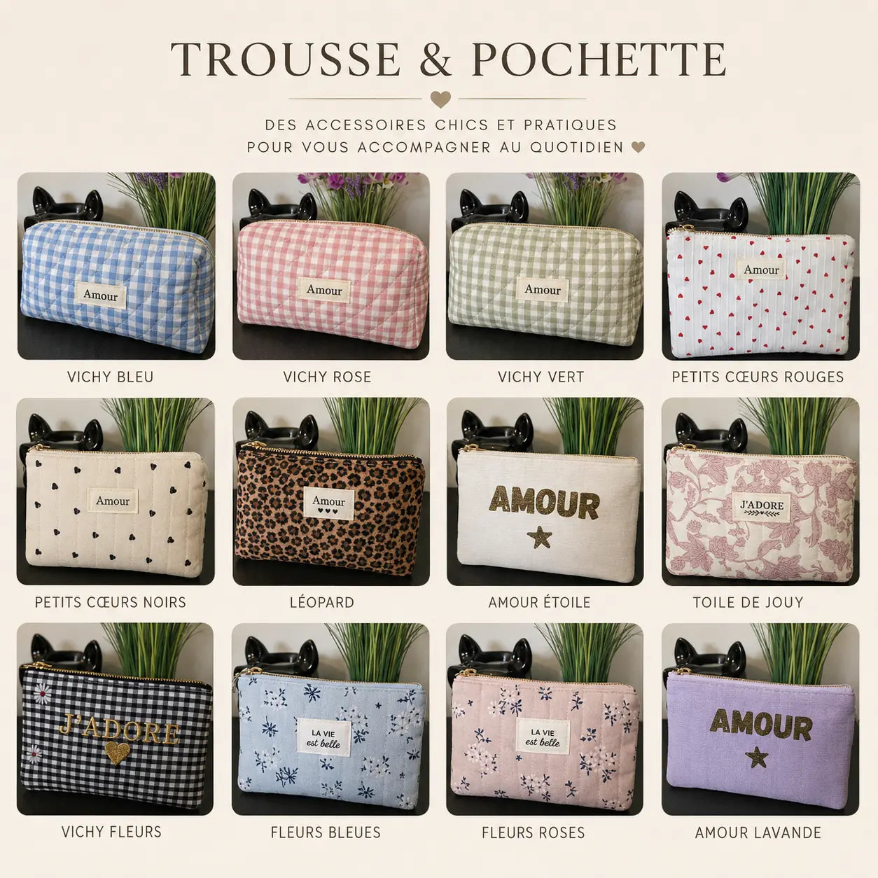 Collection de trousses et pochettes tendance pour femme, pratiques, légères et idéales pour le maquillage et les accessoires du quotidien.