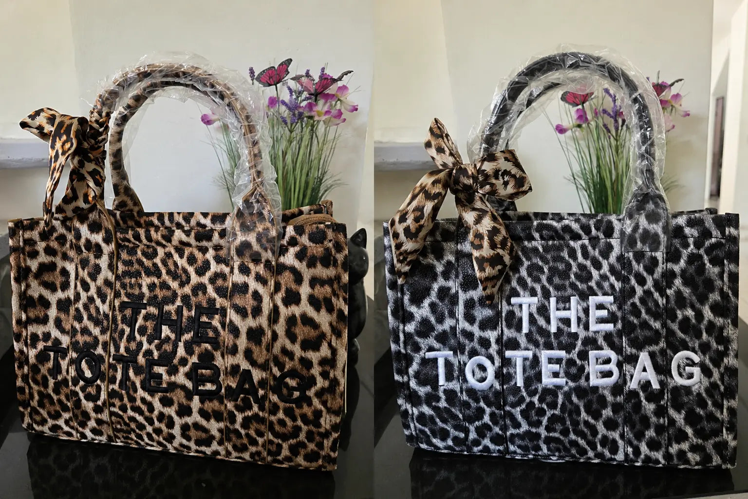 Sac à main ou bandoulière imprimé léopard avec foulard décoratif à l’anse et fermeture éclair, élégant et tendance pour femme.