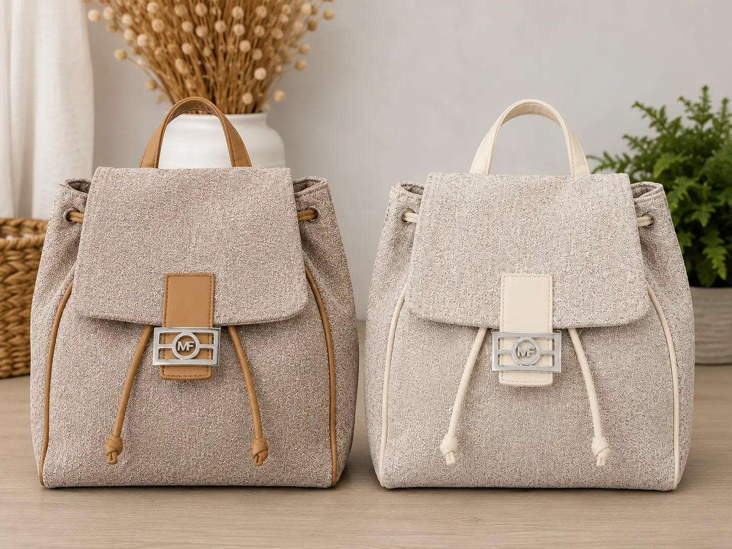 Sac à dos femme beige et camel en tissu texturé avec fermeture par cordon et bouton pression, posé sur fond intérieur clair.