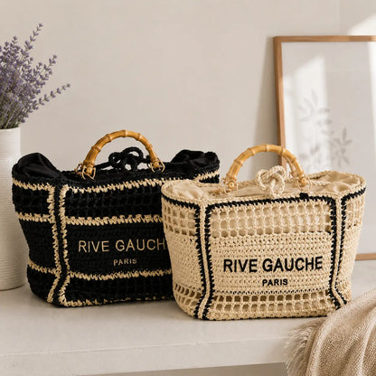 Sac cabas tressé femme style bohème “Rive Gauche” noir et beige avec poignées effet bambou, grand format élégant pour la plage et les vacances.