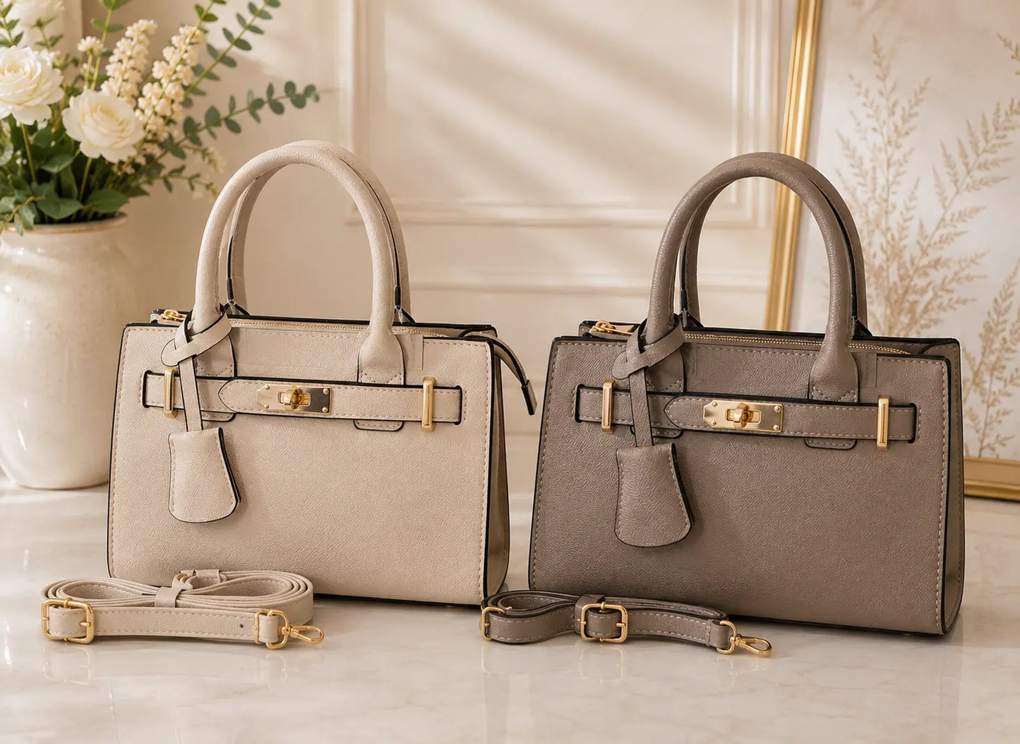 Sac à main élégant en simili cuir grainé avec détails dorés et bandoulière incluse, chic et moderne pour femme.
